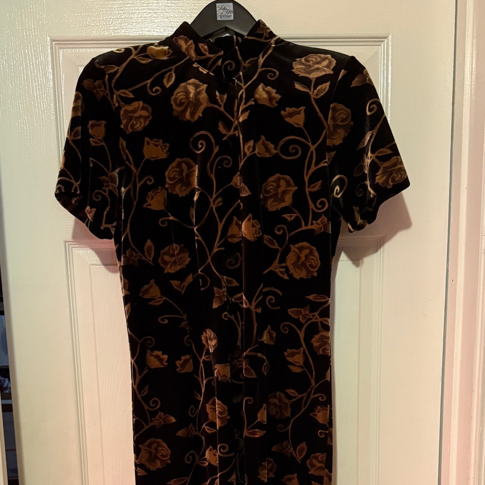 Vintage 1990s Velvet Black Floral Maxi Sheath Dress